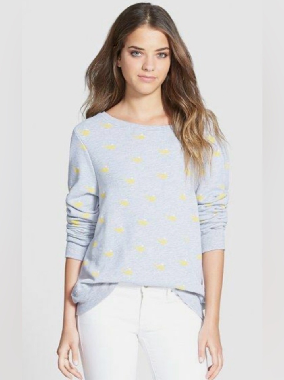 Wildfox heathered gray wide neck boxy crop sweatshirt w/ yellow whale motif -S